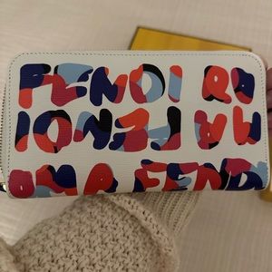 Fendi multicolor zip around wallet with blue interior